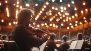 hombre tocando violin en escenario iluminado