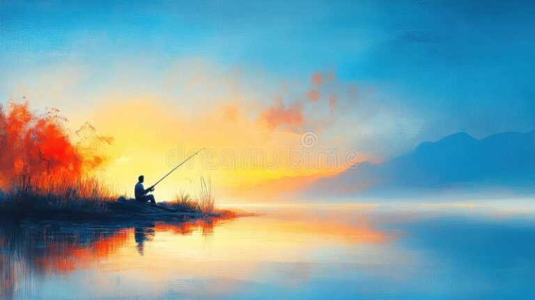 lago tranquilo con persona pescando al atardecer