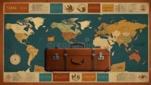 mapa de trenes y maleta de viaje vintage