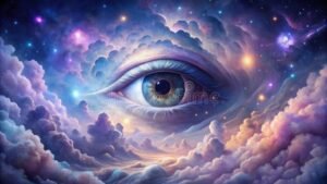 ojo divino brillante sobre paisaje celestial