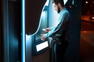 persona depositando dinero en caja de ahorros