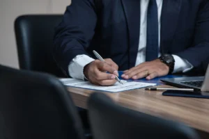 persona firmando documentos con apoderado