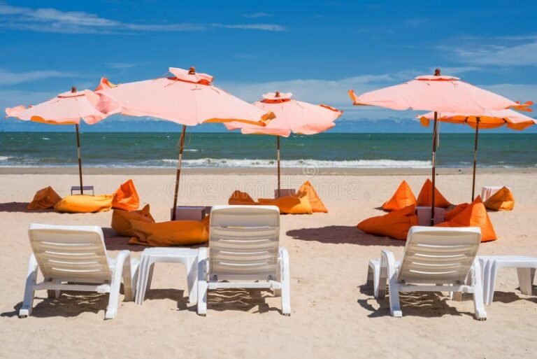 playa con silla de descanso y maleta