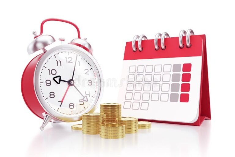 reloj y calendario junto a dinero efectivo
