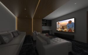 sala de cine casera con proyector y sofa